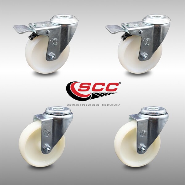 4 Inch SS Nylon Wheel Swivel Bolt Hole Caster Set with 2 Total Lock Brakes SCC